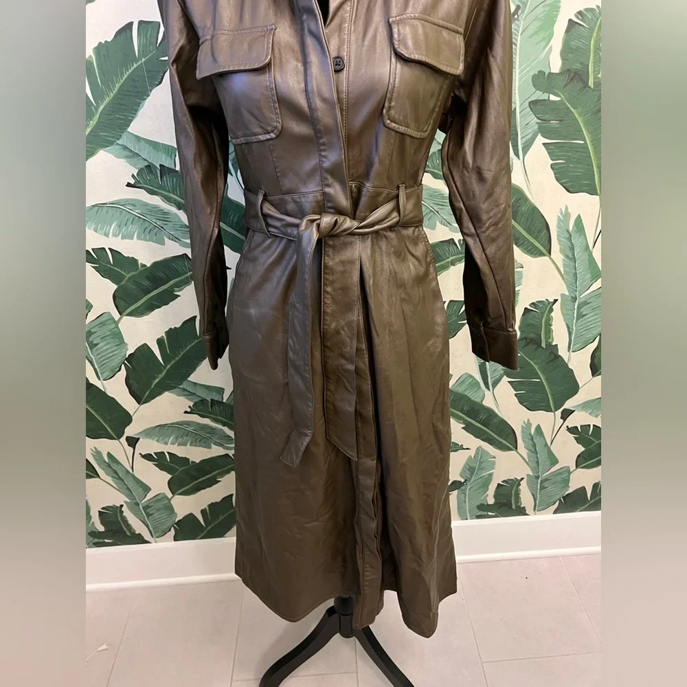Marissa Webb RTR Green Faux Leather Dress Long Sleeve Trench Belted Womens 4 - Picture 5 of 10